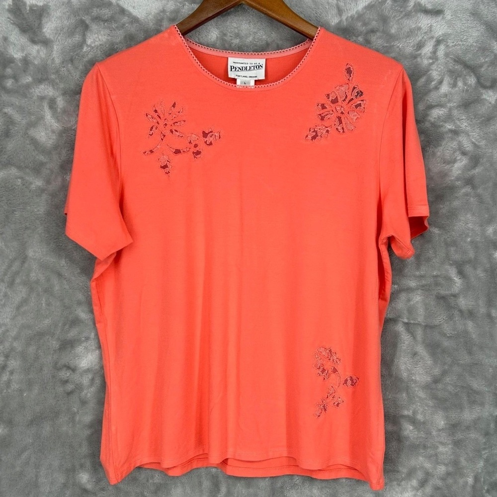 Pendleton Womens Coral Orange Lace Cut Out Knit Top Short Sleeve Size L Coastal